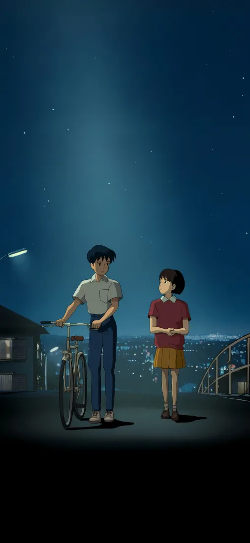 夜晚坡道上，少年扶单车与少女并肩而立，远处是城市灯火与星空。