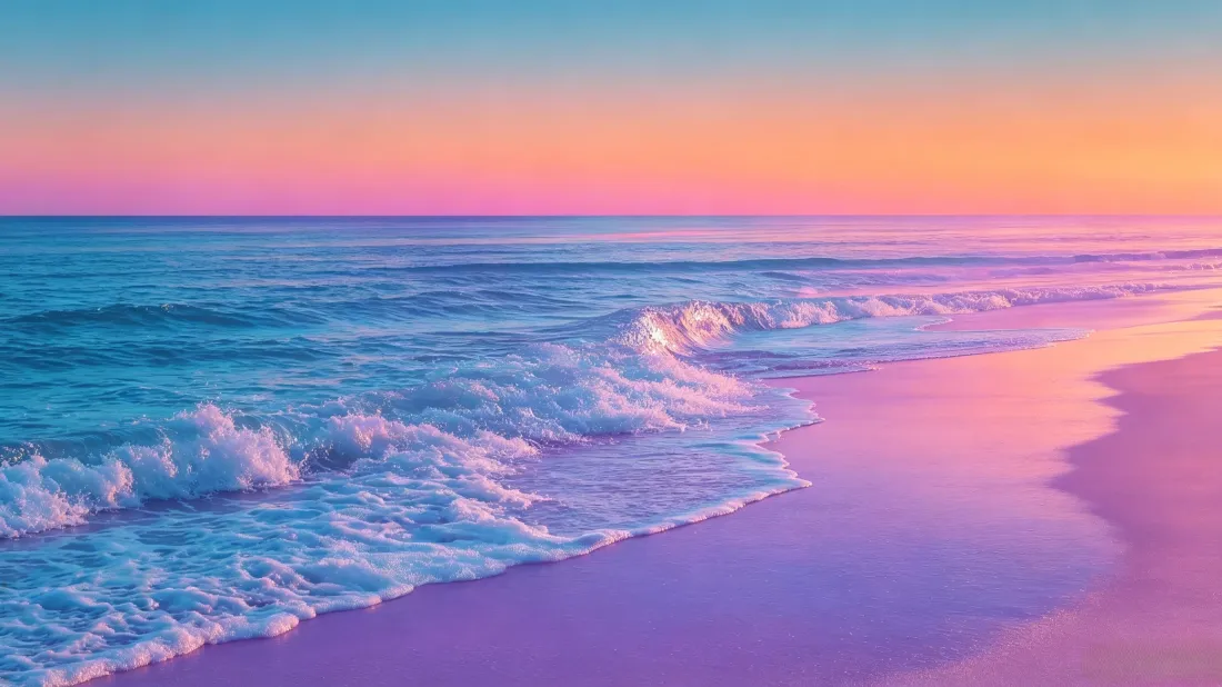 粉紫橙渐变晚霞下，海浪轻拍粉紫色沙滩的治愈海景
