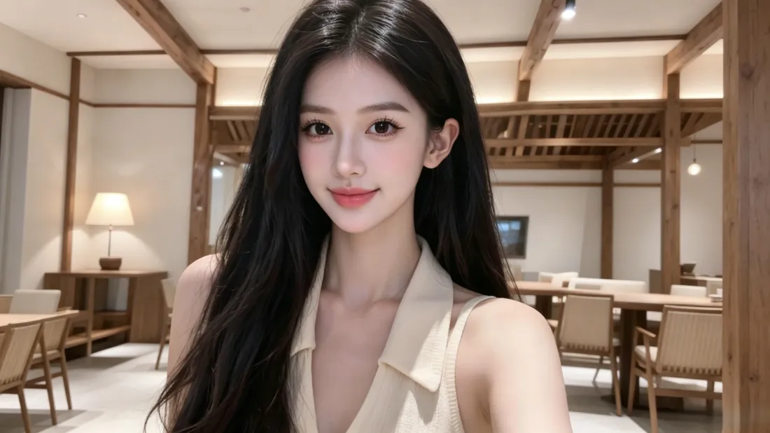 黑长直长发美女在原木风室内空间自拍，穿米白无袖翻领上衣，面带微笑。