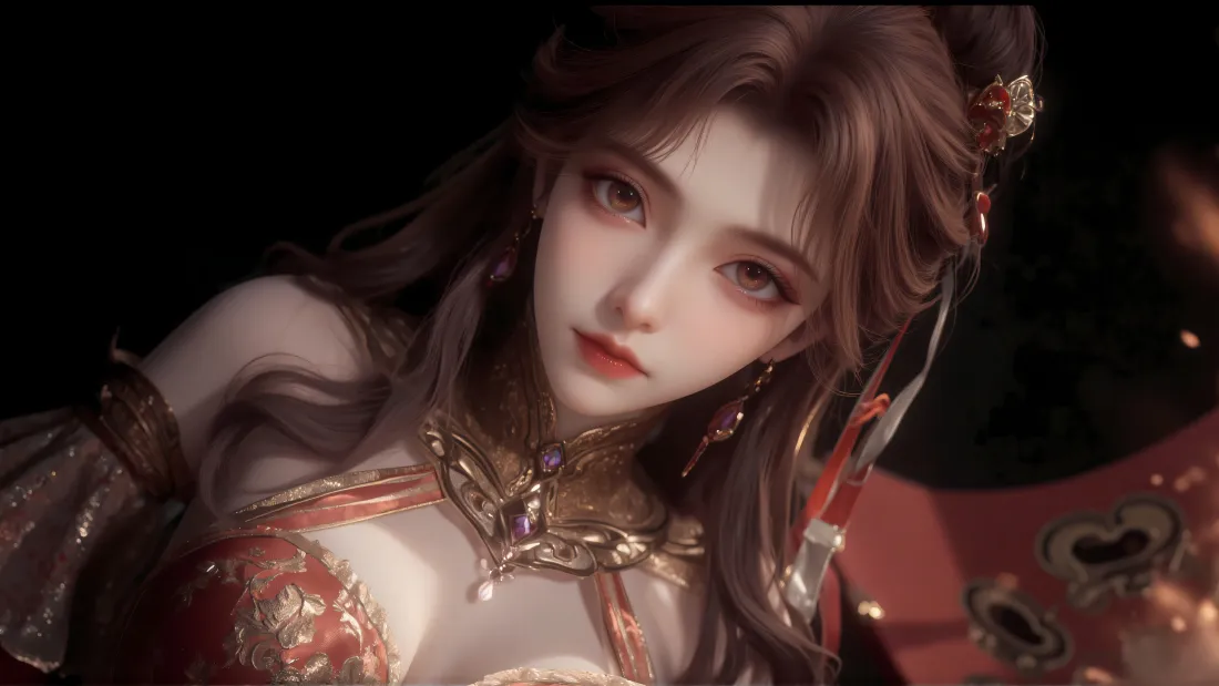 暗黑背景下，身着红金古风服饰的棕发美艳女性角色近景特写
