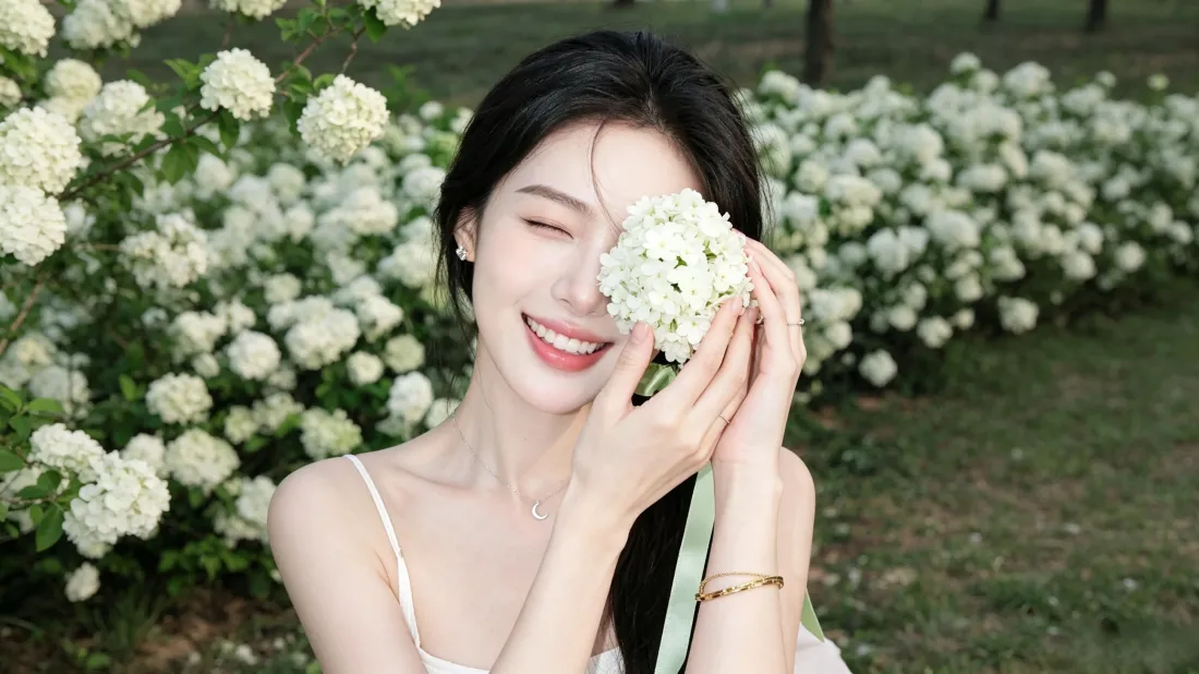 户外绣球花丛中，长发女生闭眼微笑，双手捧白色绣球花轻遮半脸