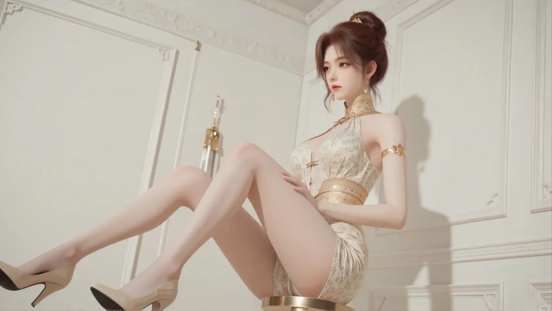 白色室内背景下，丸子头国漫女性身着金色露肩礼服坐于凳上，姿态优雅。
