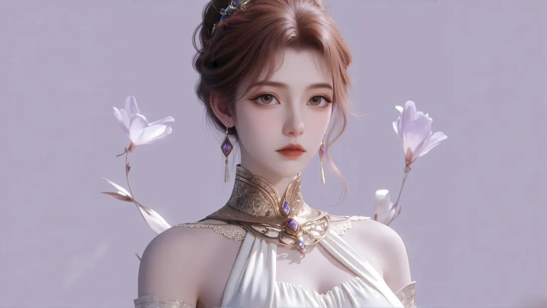 6k橘子壁纸|斗罗大陆背景图片 - 绝世唐门古风女角色「哲风壁纸」 淡紫背景下,盘发古风女角色身着白裙,颈间金饰点缀,肩侧衬有白色花朵。