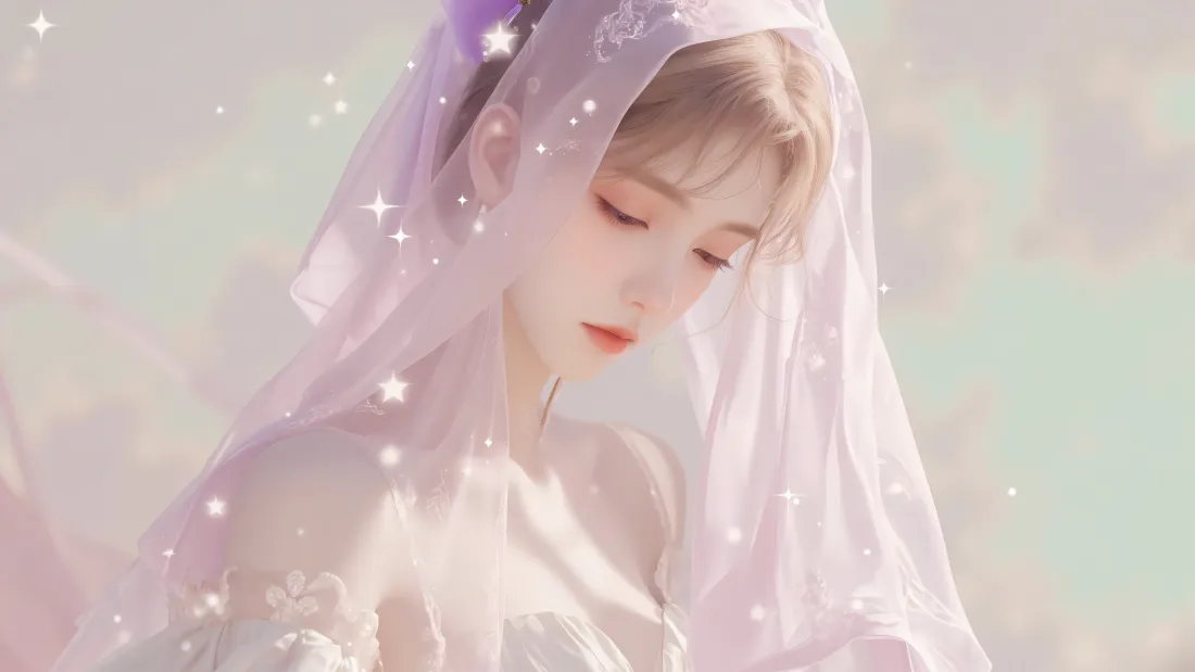 6k橘子壁纸|斗罗大陆白纱背景图片 - 梦幻温柔少女「哲风壁纸」 戴淡紫头纱的金发少女垂眸,周身环绕星点,背景朦胧柔和。