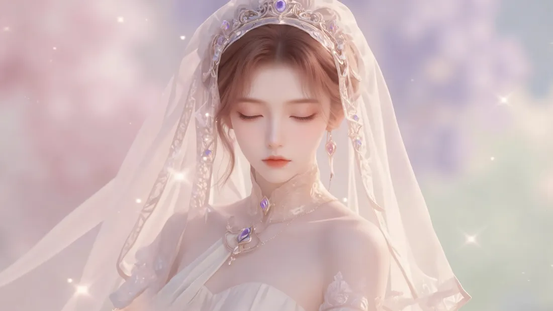 6k橘子壁纸|头纱白裙梦幻背景图片 - 斗罗大陆动漫角色「哲风壁纸」 闭眼的动漫女性,头戴镶紫宝石皇冠与白纱,身着白裙,背景为粉紫梦幻柔光。