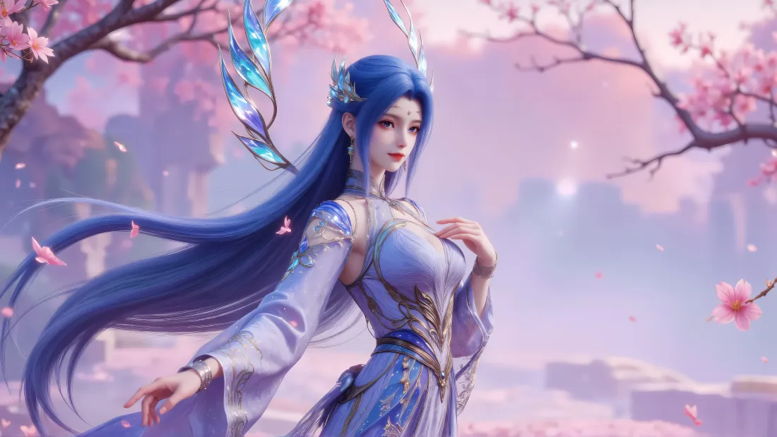 蓝发古风仙侠女子立于桃花树下，粉紫朦胧背景，花瓣飘落仙气十足