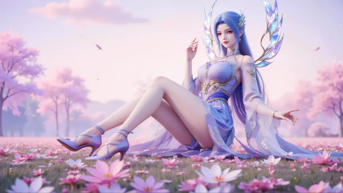 6k唐舞桐壁纸|樱花花海背景图片 - 绝世唐门国漫角色「哲风壁纸」 蓝发唐舞桐身着蓝紫长裙坐于樱花花海中,背景是粉樱树林与柔色天空。