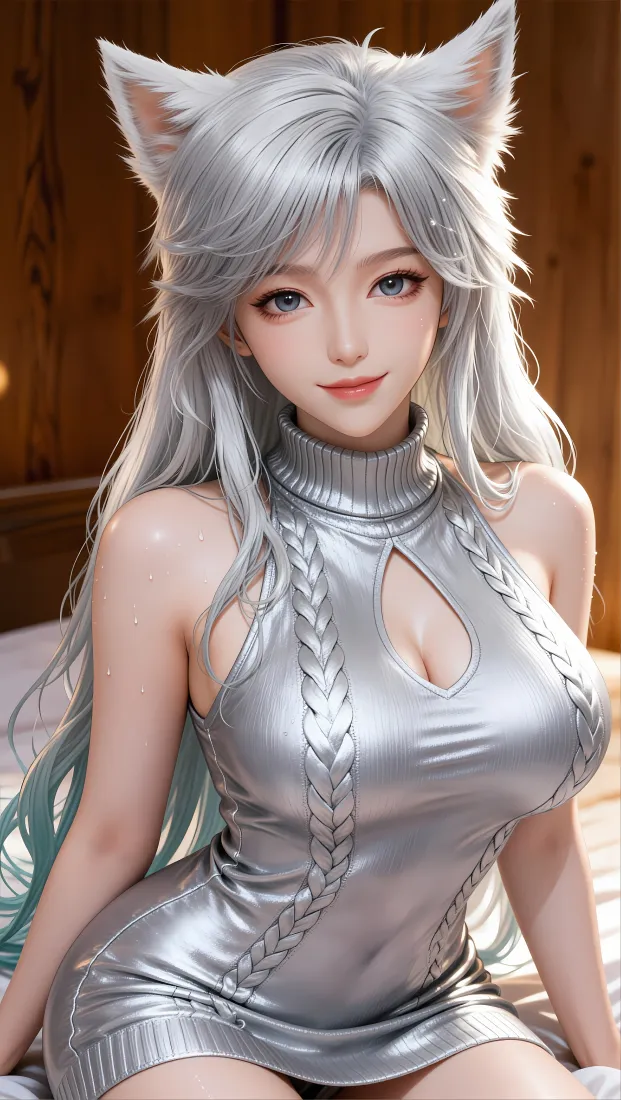 银发狐耳3D少女身着银色高领紧身露肩裙，坐于木质背景前
