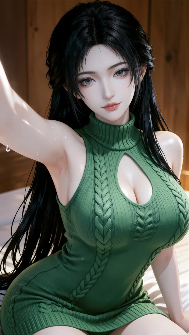 黑长直3D国漫女性角色慕沛灵，身着绿色镂空针织裙，在木质背景前自拍
