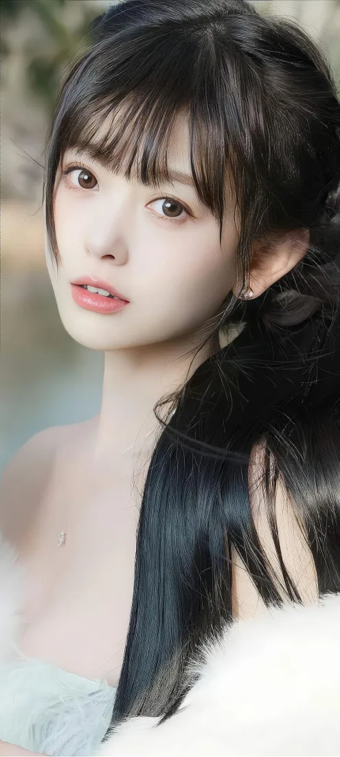 户外虚化背景前，齐刘海黑长辫清纯少女近景，温柔甜美。