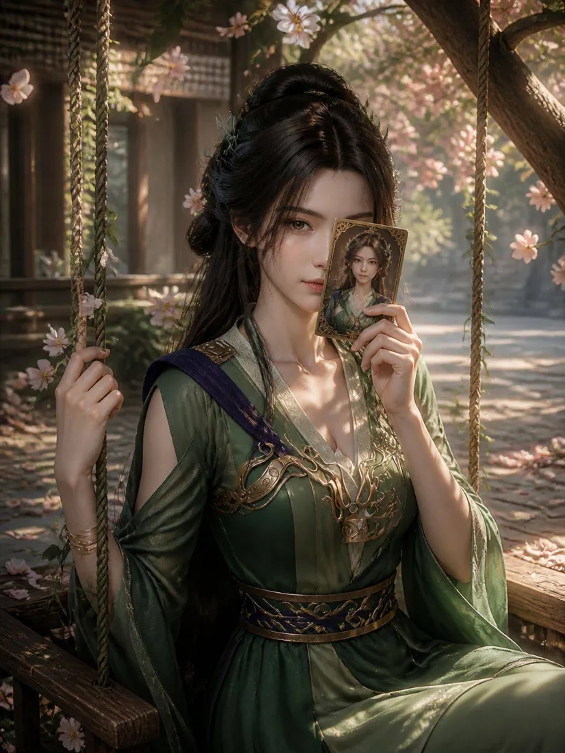 绿衣古风女子坐庭院秋千，持小像半遮面，花树环绕光影柔和