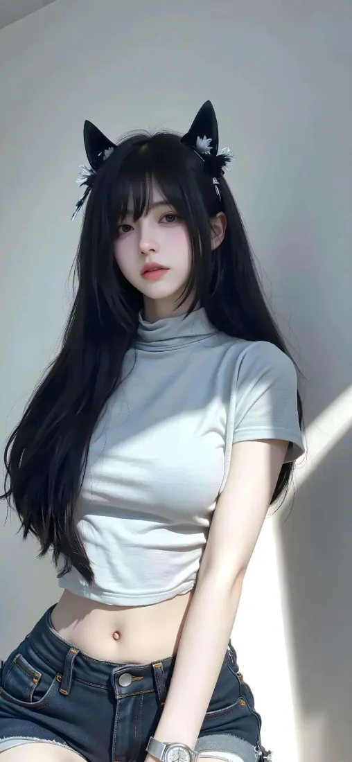 戴黑色猫耳发饰的黑长直女生，穿浅灰露脐高领短袖与牛仔短裤，靠墙站在素色墙前。