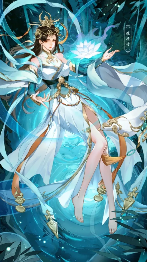 蓝调水泽中，金饰古装仙女赤足悬浮，手托发光白莲，丝带飘曳仙气十足。