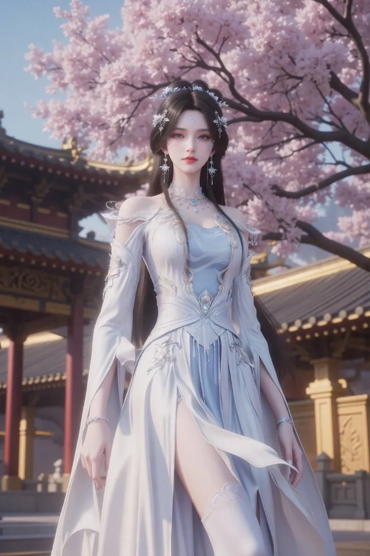 3D古风仙侠女子立于樱花树下，背景为中式古建筑，仙气飘逸。