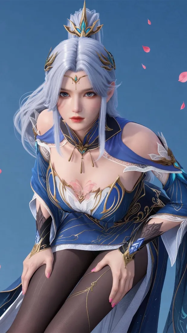 银发蓝裙古风3D女角色，蓝天花瓣背景，露肩黑丝造型