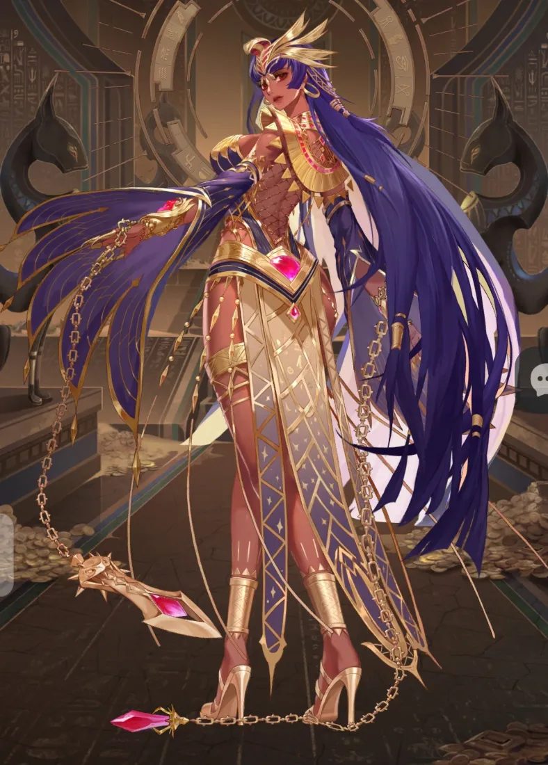 深肤色紫长发女性身着金饰红宝石礼服，立于古埃及风格殿堂中。