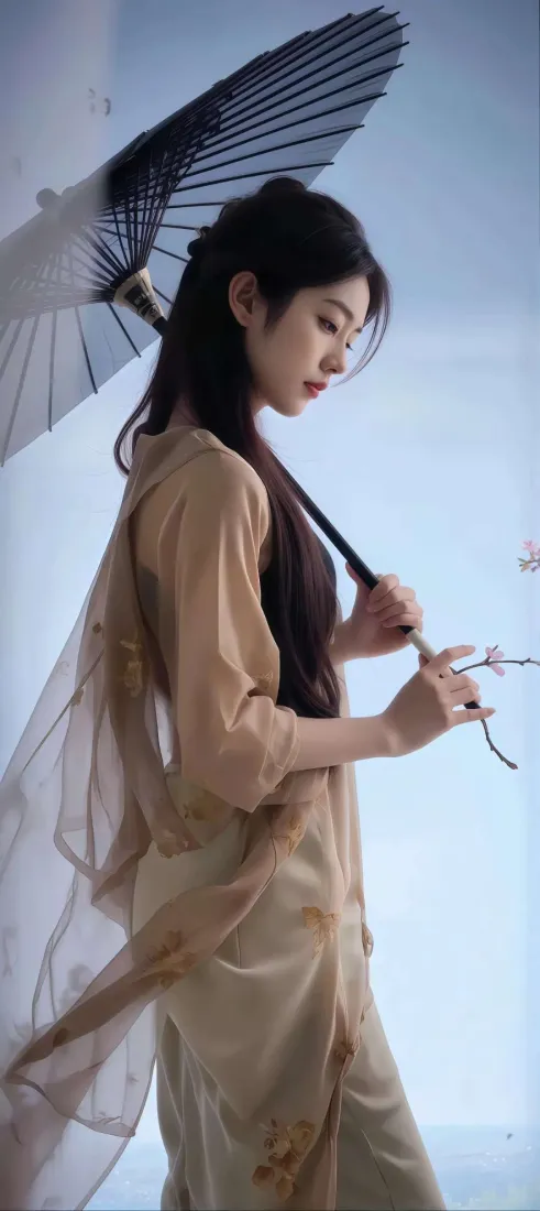 古风女子侧立持油纸伞，着浅棕纱质素衣，背景淡蓝朦胧，氛围清冷雅致。