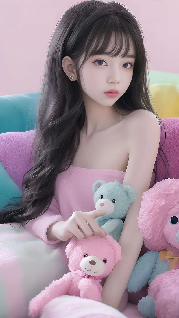 长发少女身着粉色抹胸，坐在彩色沙发上，身旁摆放多只毛绒小熊玩偶。