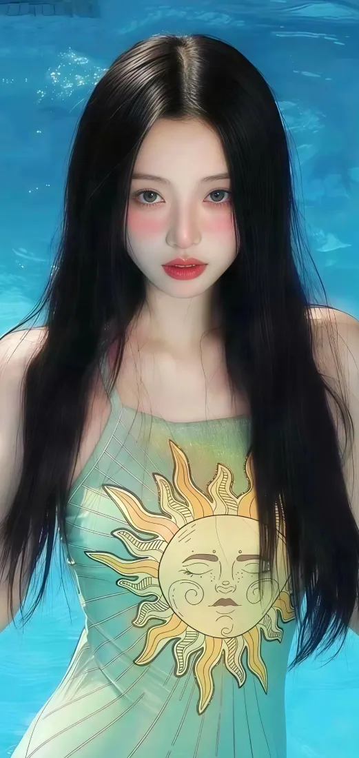 水下场景中黑长直长发女性，身着印有人脸太阳图案的绿色吊带裙