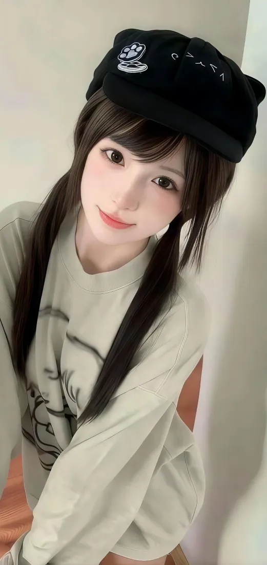 戴黑色贝雷帽、扎双马尾的软萌少女，穿浅色上衣居家自拍。