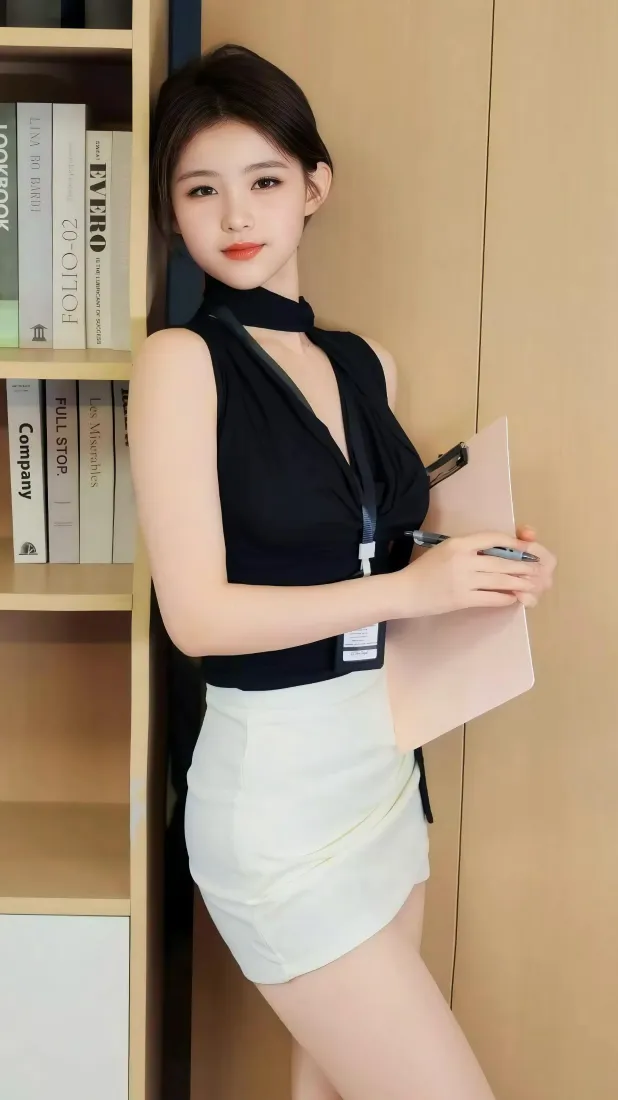 职场女性穿黑色挂脖上衣与白色短裙，手持文件夹倚靠书架旁。