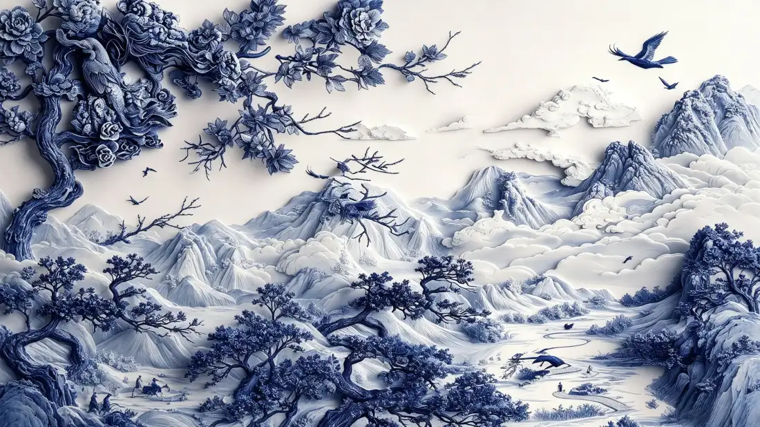3k青花瓷山水壁纸|国风云雾群山背景图片 - 松树飞鸟「哲风壁纸」 青花瓷浮雕风格国风山水,蓝白配色,苍松云雾群山间飞鸟翱翔。
