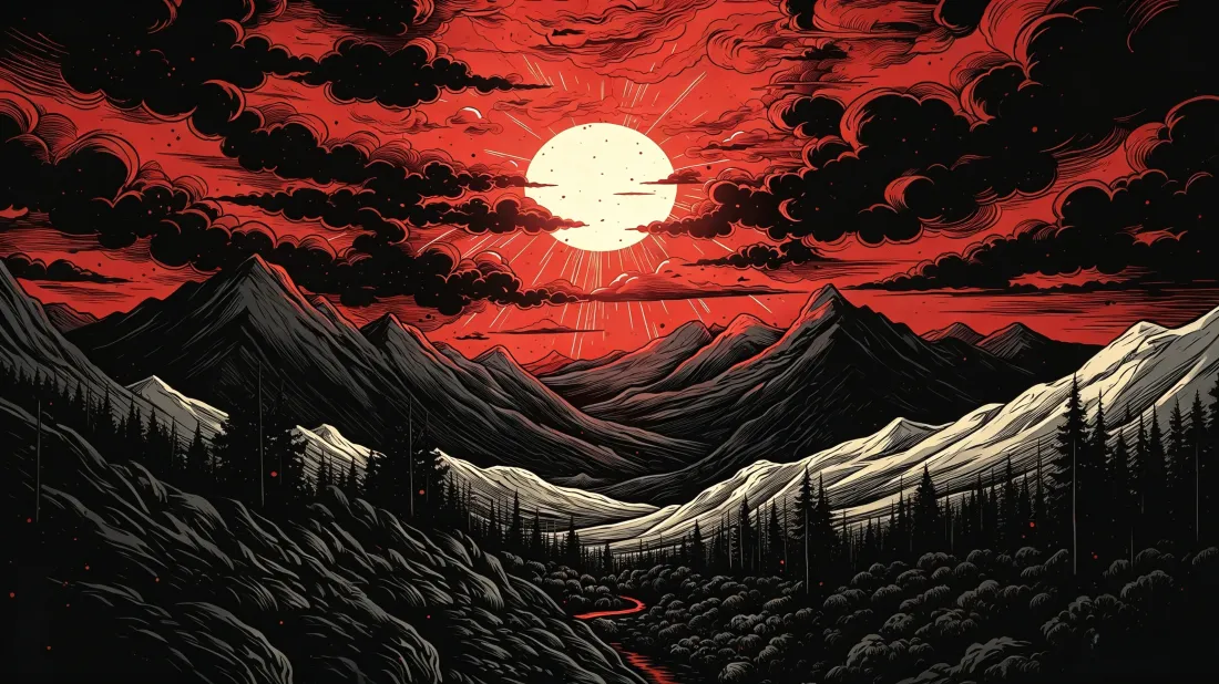 3k暗黑山脉插画壁纸|赤红落日背景图片 - 艺术风景「哲风壁纸」 暗黑风格雪山森林插画,赤红天空悬着圆月,层叠山脉与针叶林铺展