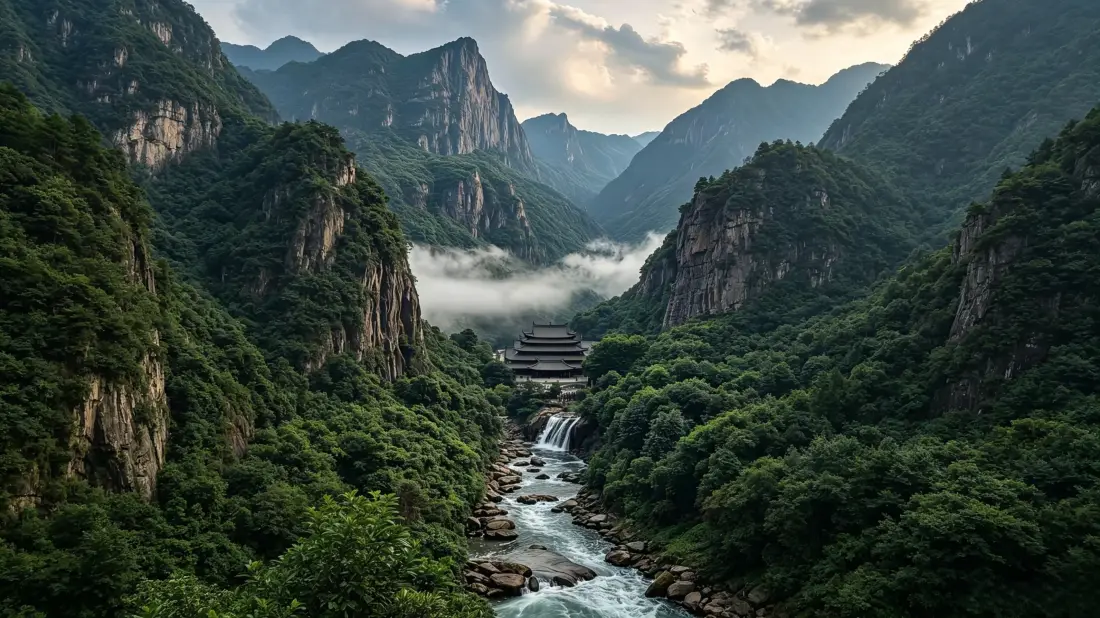 高山峡谷间云雾缭绕，溪流穿谷而过，远处坐落中式古建。