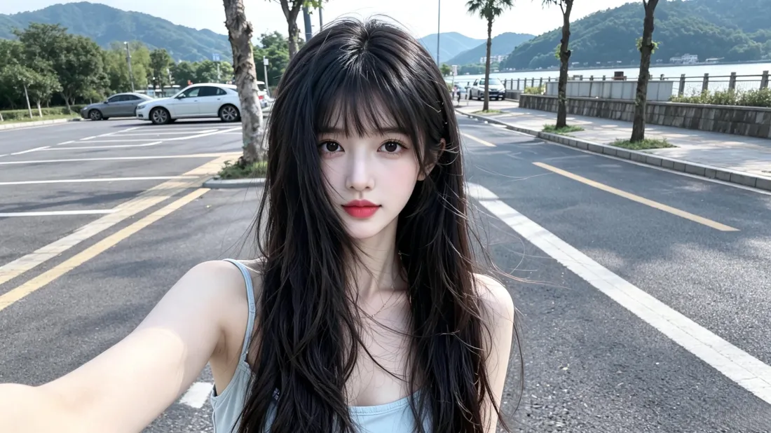 长发齐刘海吊带女生在湖滨公路自拍，背景有远山、树木与停放的汽车