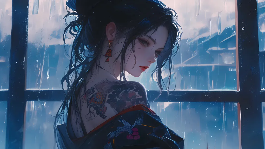 雨天窗边，黑发纹身二次元少女侧身回望，神情落寞酷飒