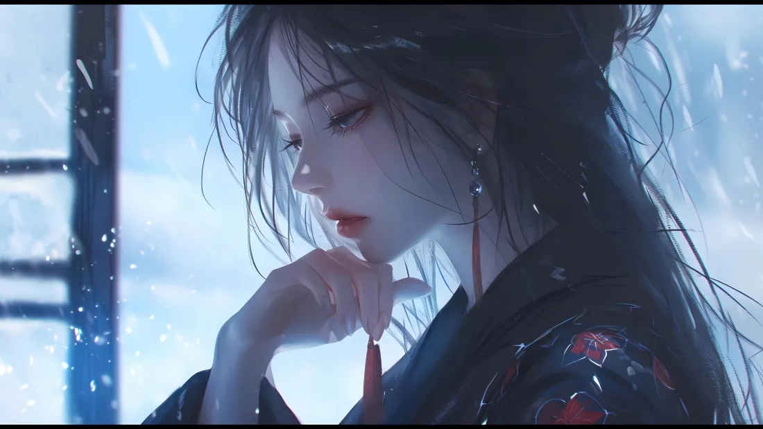 落雪窗边，黑发古风女子侧颜低垂，红衣刺绣，清冷唯美。