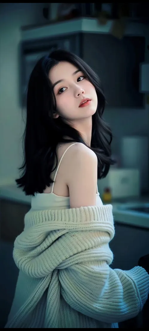 黑发长发美女身着浅绿露肩针织衫，在居家厨房环境中回眸看向镜头