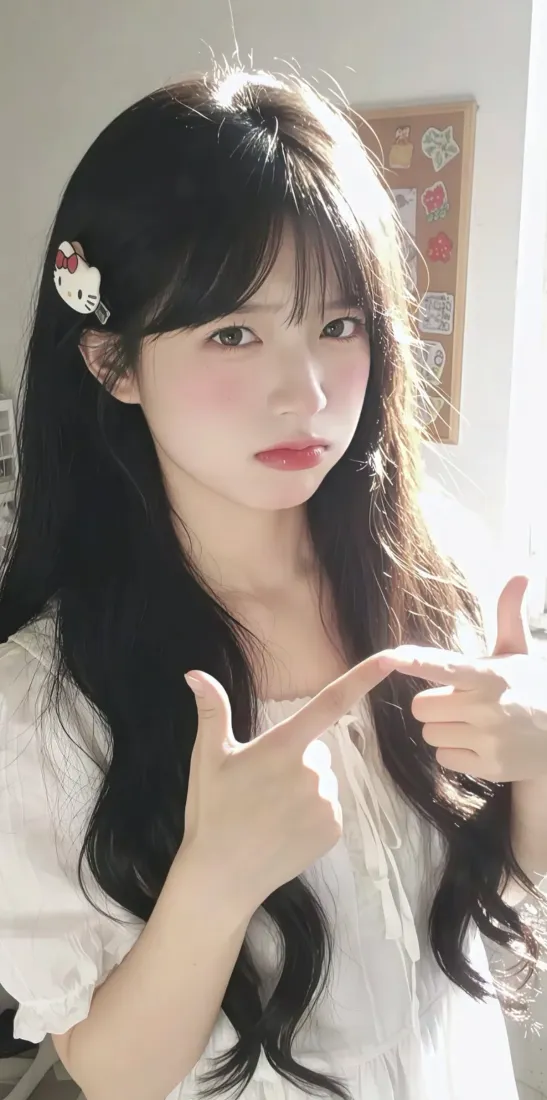 黑长直甜妹戴HelloKitty发夹穿白上衣，居家比心，逆光柔和