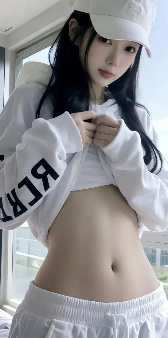 戴白色棒球帽的长发女生穿白色露腰运动装，在窗边居家自拍