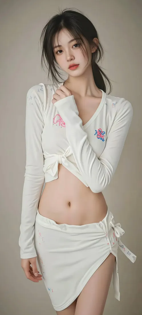 年轻女性身着白色露腰开叉套装，在浅灰纯色背景前拍摄人像写真