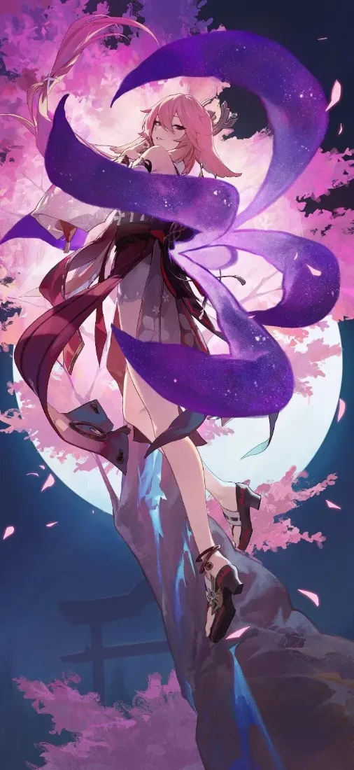 月夜樱花背景下，原神角色八重神子周身环绕紫色光带，粉发飘逸。