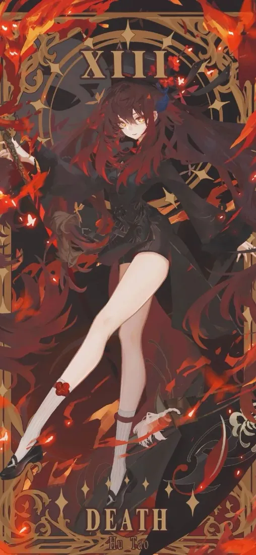 原神愚人众女士罗莎琳的死神塔罗牌插画，红发黑裙周身环绕火焰。