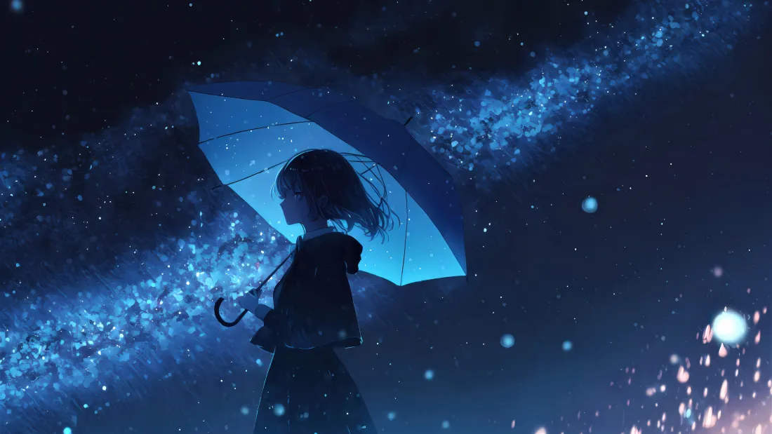 星空下撑着发光蓝伞的少女剪影，冷调梦幻氛围感