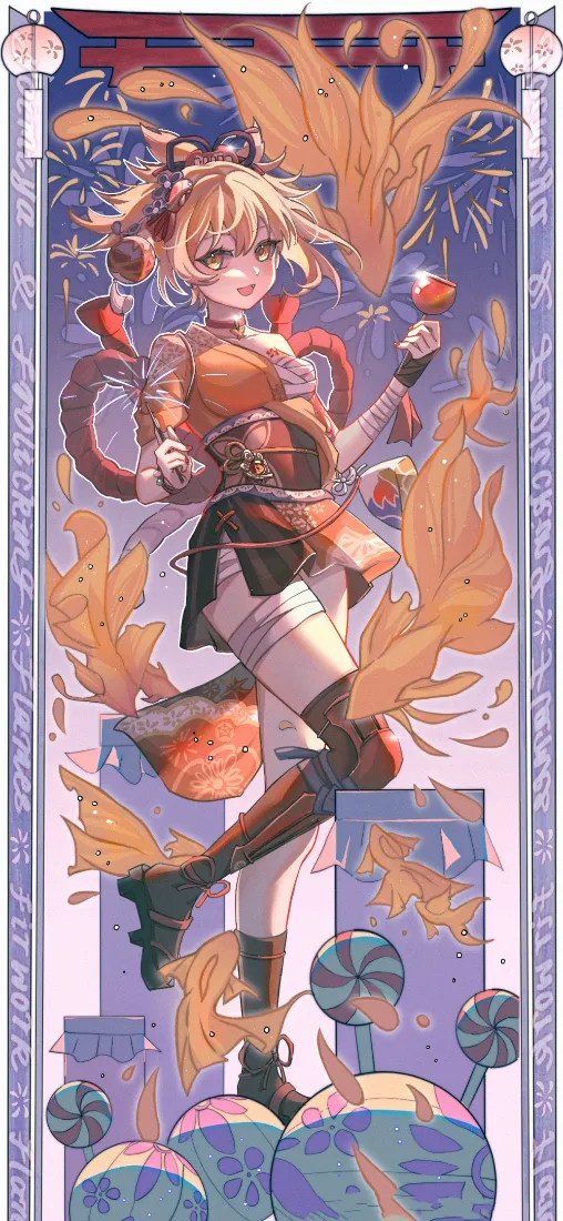 原神角色宵宫立于烟花与糖果灯笼之间，橙焰环绕，紫调夜空作背景。