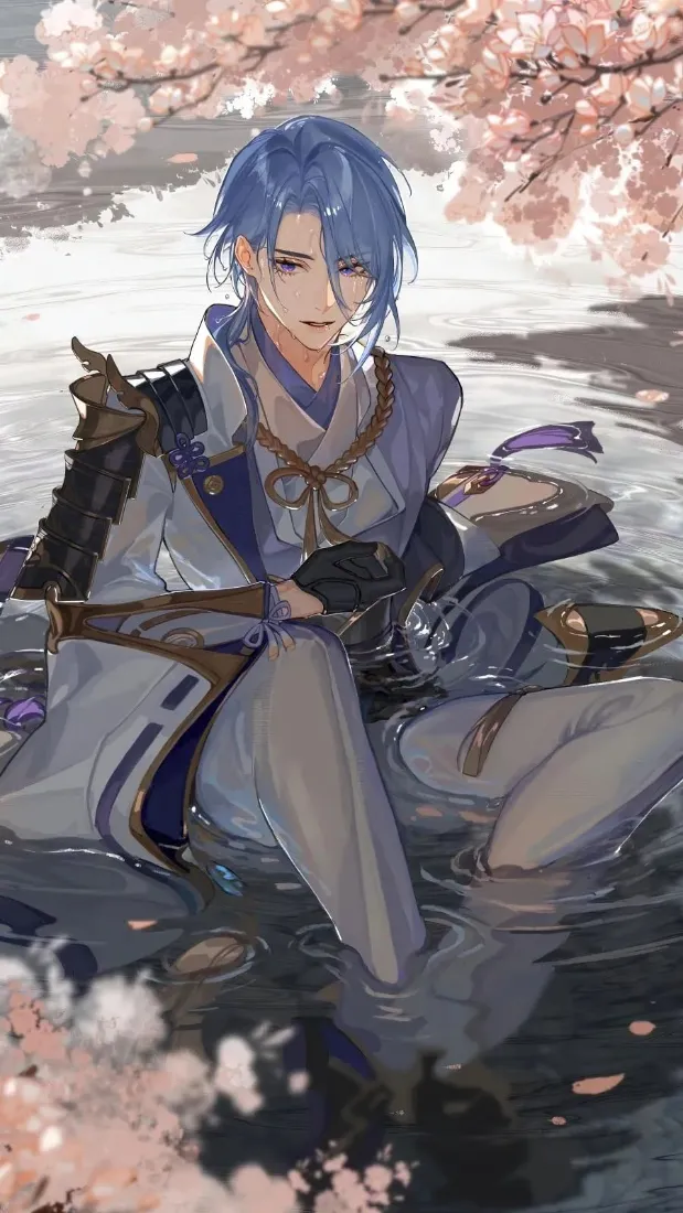 原神角色神里绫人坐于樱花飘落的浅水中，身着古风服饰。