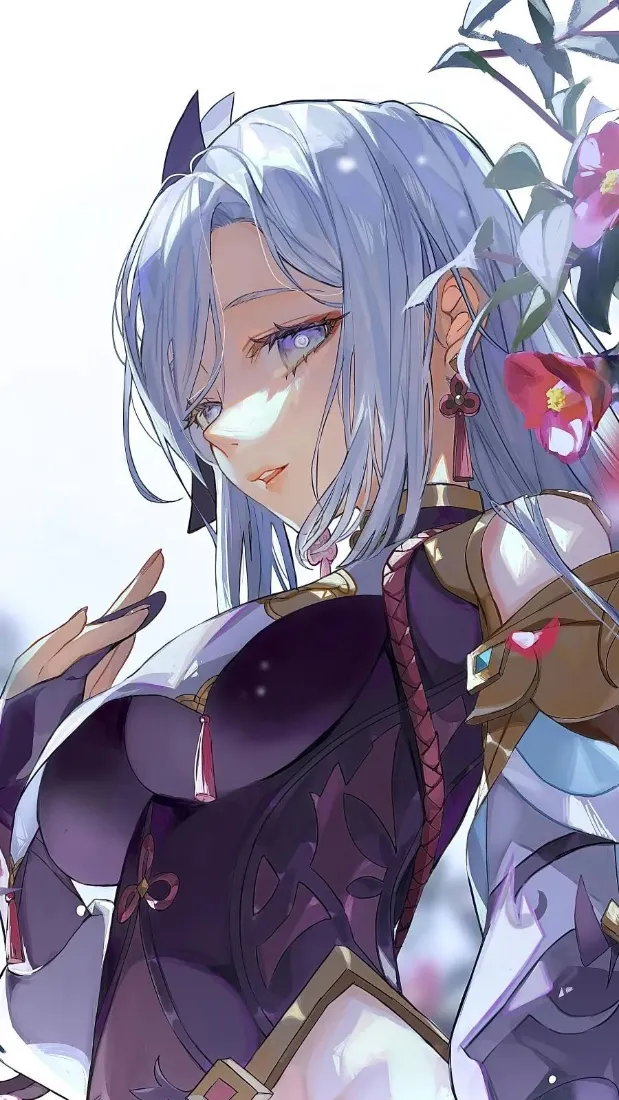 蓝发古风女性角色侧身回眸，身旁点缀粉红花枝，背景明亮柔和