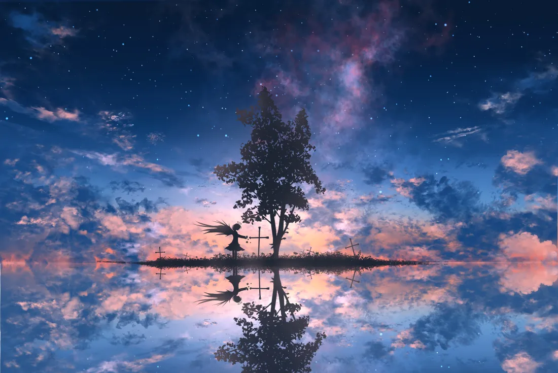 4k古早风插画壁纸|夕阳湖景背景图片 - 树木天空剪影「哲风壁纸」 黄昏星空下的孤岛剪影,天使、树木与十字架在湖面形成完美倒影