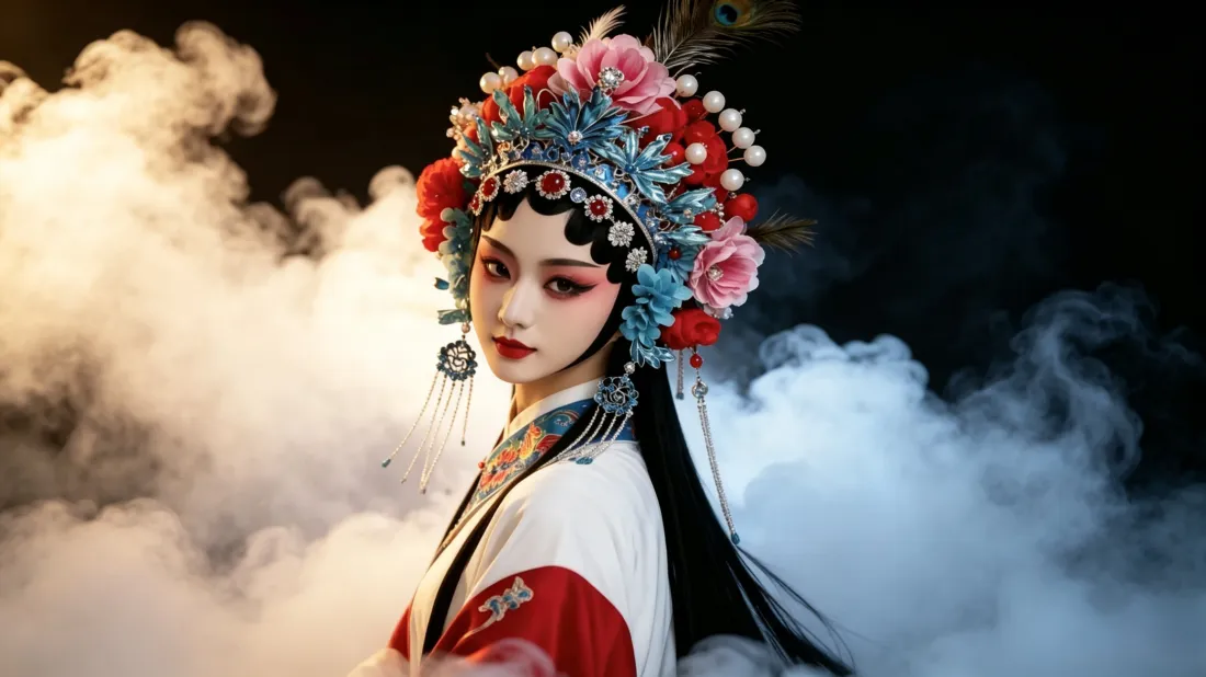 京剧花旦扮相女子立于烟雾中，头戴华丽凤冠，戏曲妆容精致。