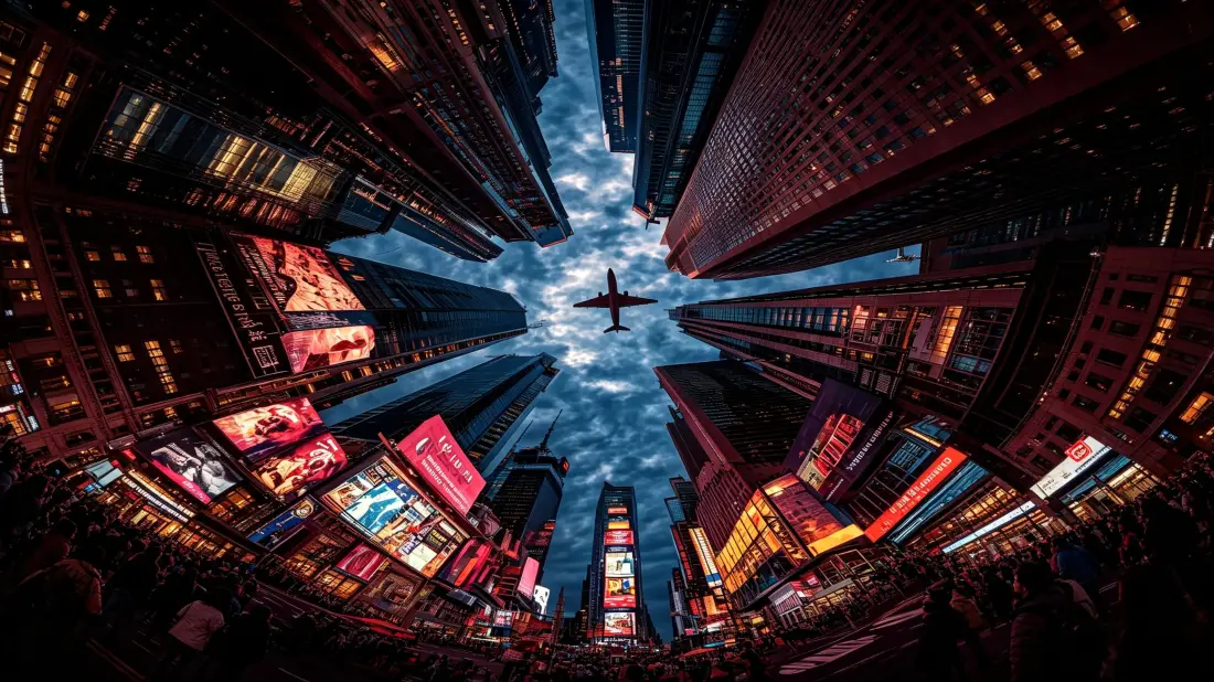 3k城市夜景壁纸|高楼霓虹背景图片 - 飞机掠过天空「哲风壁纸」 鱼眼仰视视角下霓虹高楼环绕,夜空有飞机掠过的繁华都市夜景