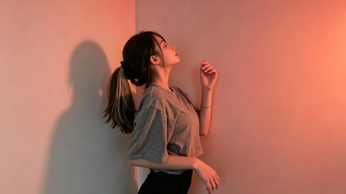 暖橙光影下扎马尾的女生靠墙仰头，侧颜柔和，墙面投下清晰人影