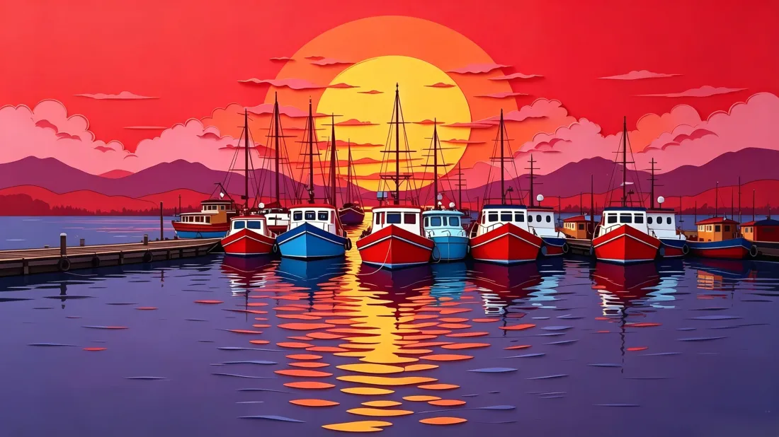 扁平风渔港日落插画，渔船停靠码头，海面倒映红日与暖光