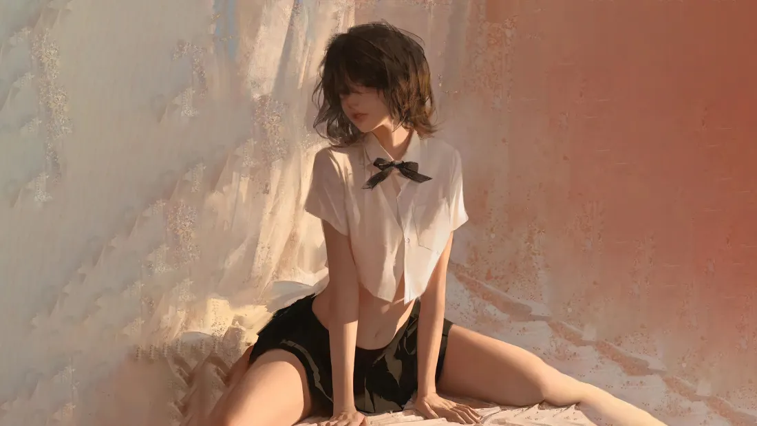 暖光室内，短发JK少女身着白衬衫黑百褶裙坐于床面，氛围柔和。