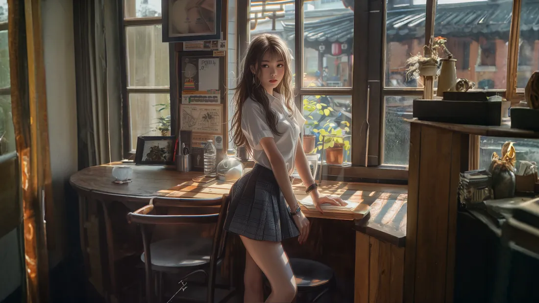 4k写实美女壁纸|暖光咖啡店背景图片 - JK制服氛围感写真「哲风壁纸」 暖光咖啡店窗边,穿JK制服的长发女生倚桌而立