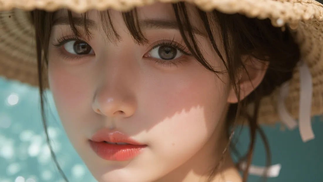 6k草帽美女壁纸|海边光斑背景图片 - 夏日清纯写实人像「哲风壁纸」 戴草帽的年轻女性脸部特写,青蓝色光斑虚化背景,夏日清新氛围。