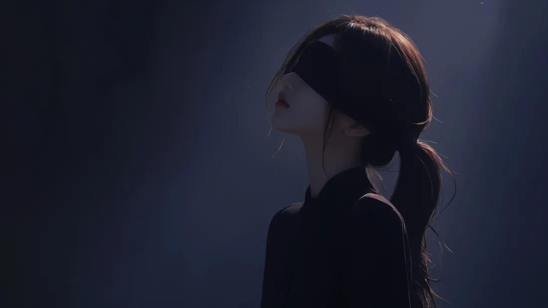 6k写实美女壁纸|冷蓝色背景图片 - 氛围感长发侧影「哲风壁纸」 冷蓝色朦胧背景中,扎低马尾的黑衣女子仰头抬手遮面,逆光勾勒发丝轮廓。
